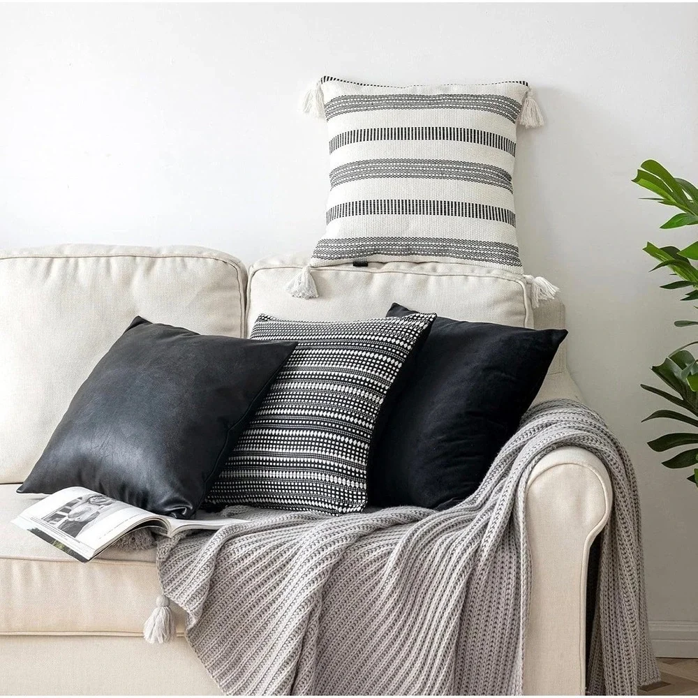 4 Piece Throw Pillow Covers Set Black White Faux Leather Velvet Boho Tassel‎